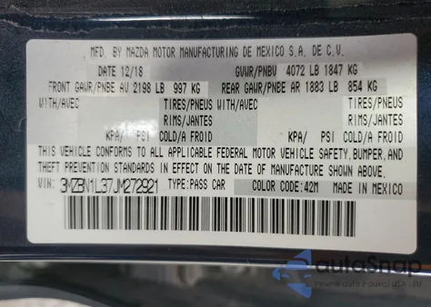 2018 Mazda 3 Touring из США, поврежденный, VIN 3MZBN1L37JM272921